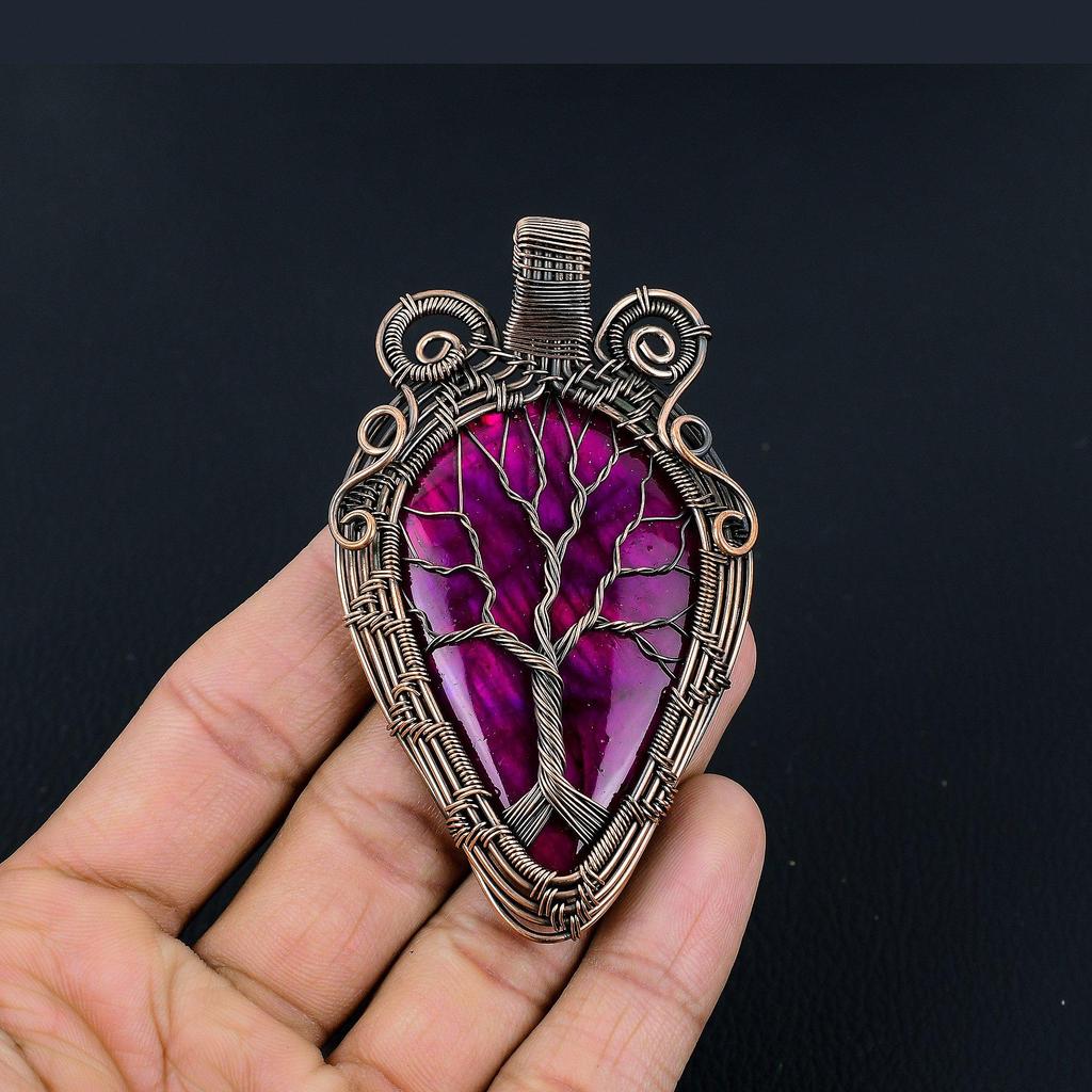 Tree Of Life Pink Flash Labradorite 999 Copper Wire Wrapped Jewelry, Handmade Beauteous Gemstone Jewelry Pendant For Women