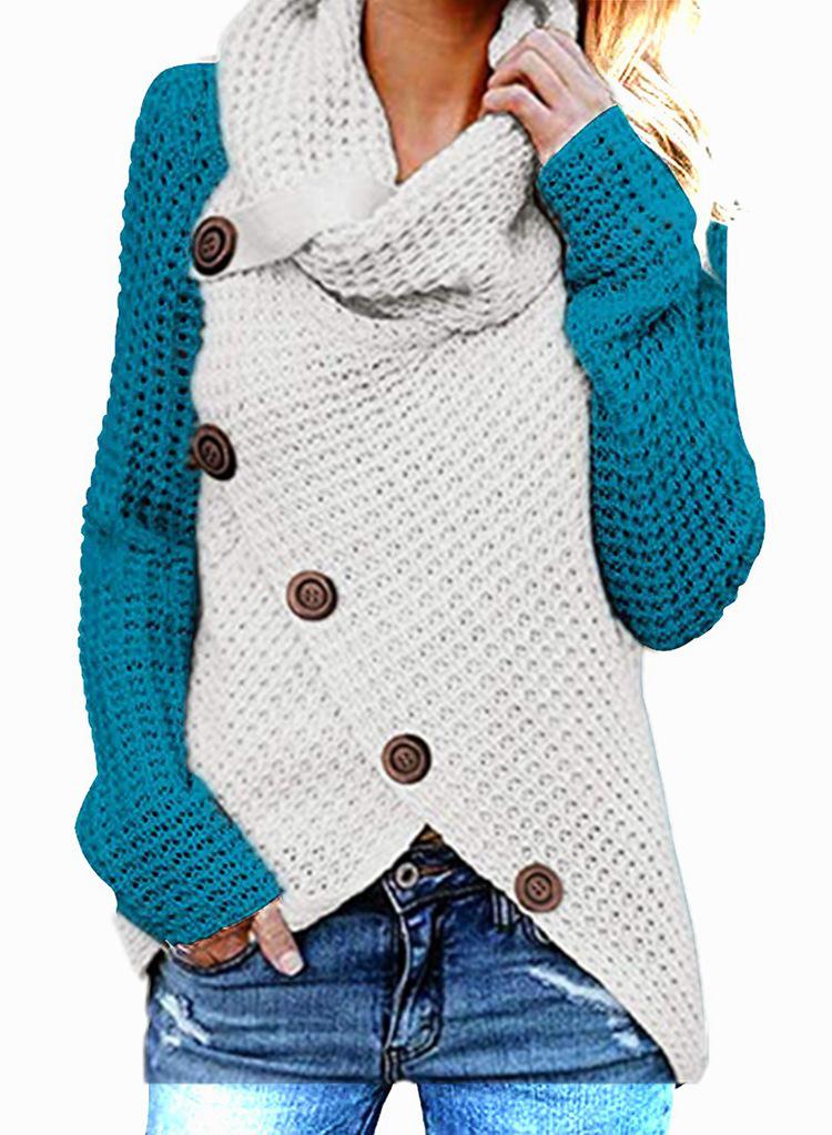 Autumn/Winter Women's Long-Sleeve Irregular Knit Color Block Button Sweater