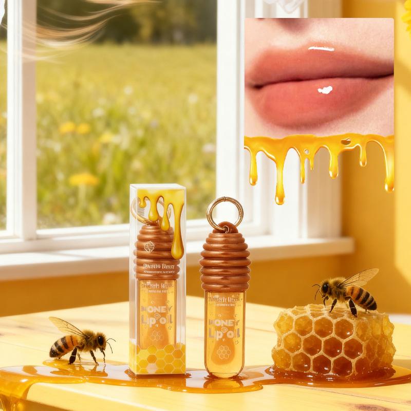 Honey Lip Oil Essence Moisturizing Lip Balm Hydrating Lip Gloss with Keychain Bag-Hangable Plump Lip Glaze