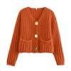 Knit Cropped Cardigan Sweater V-Neck Long Sleeve Buttons Down Loose Fit Sweater Coat with Pockets Solid Color Knitwear