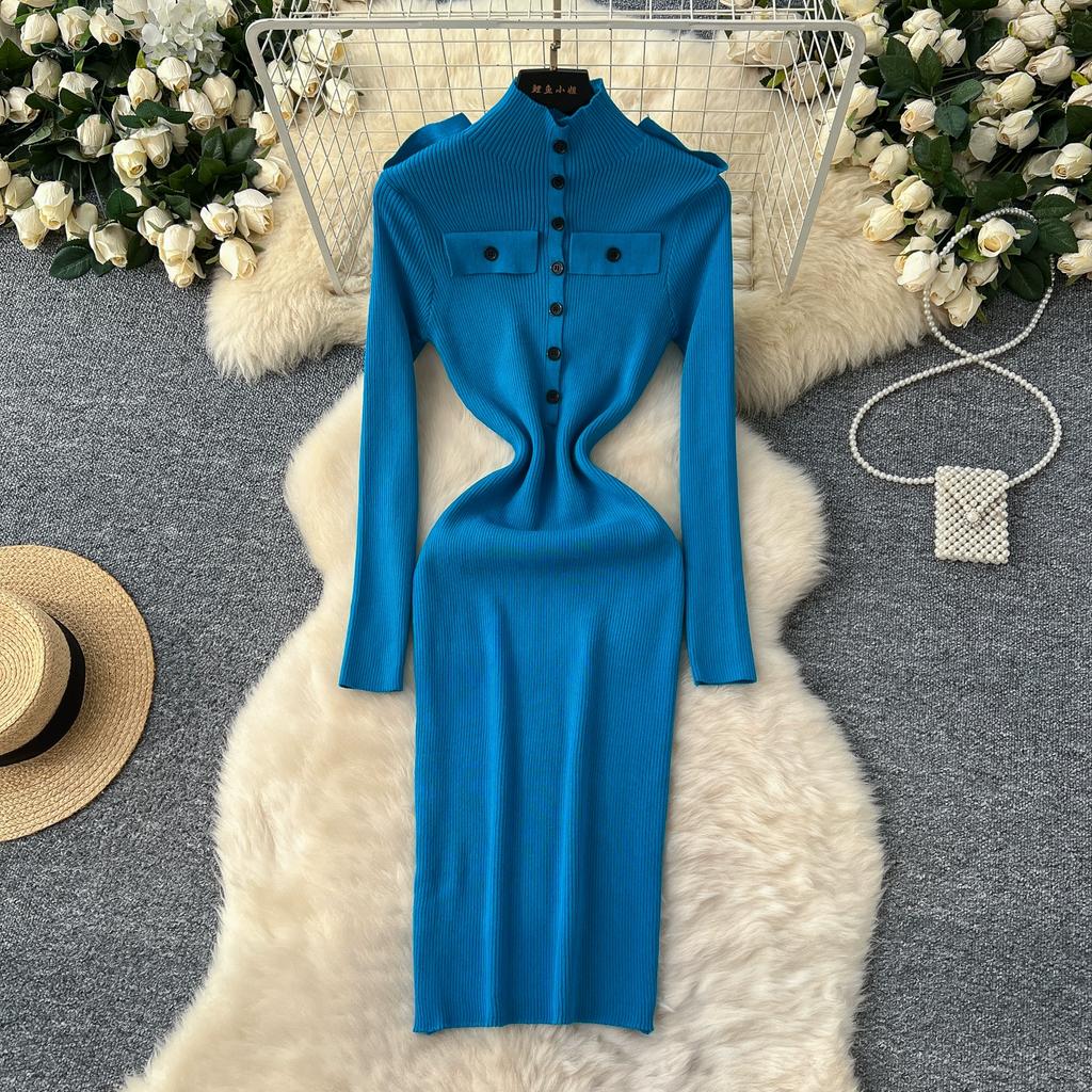 Весна Осень Женский Элегантный Вязаный Свитер со Стойкой Воротником Офисная Работа Длинные Миди Приталенные Платья-Футляры