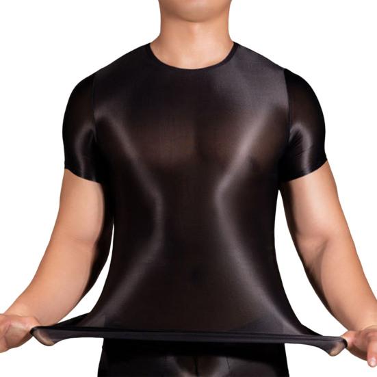 Мужская футболка, тонкая, высокоэластичная, с круглым вырезом, короткими рукавами, облегающая, с хорошей воздухопроницаемостью, с прозрачной глянцевой поверхностью