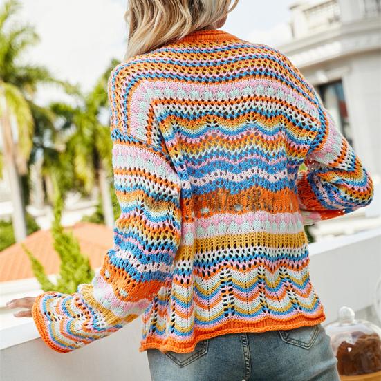 Women Knitting Cardigan Round Neck Flared Long Sleeve Single Breasted Sweater Coat Autumn Winter Rainbow