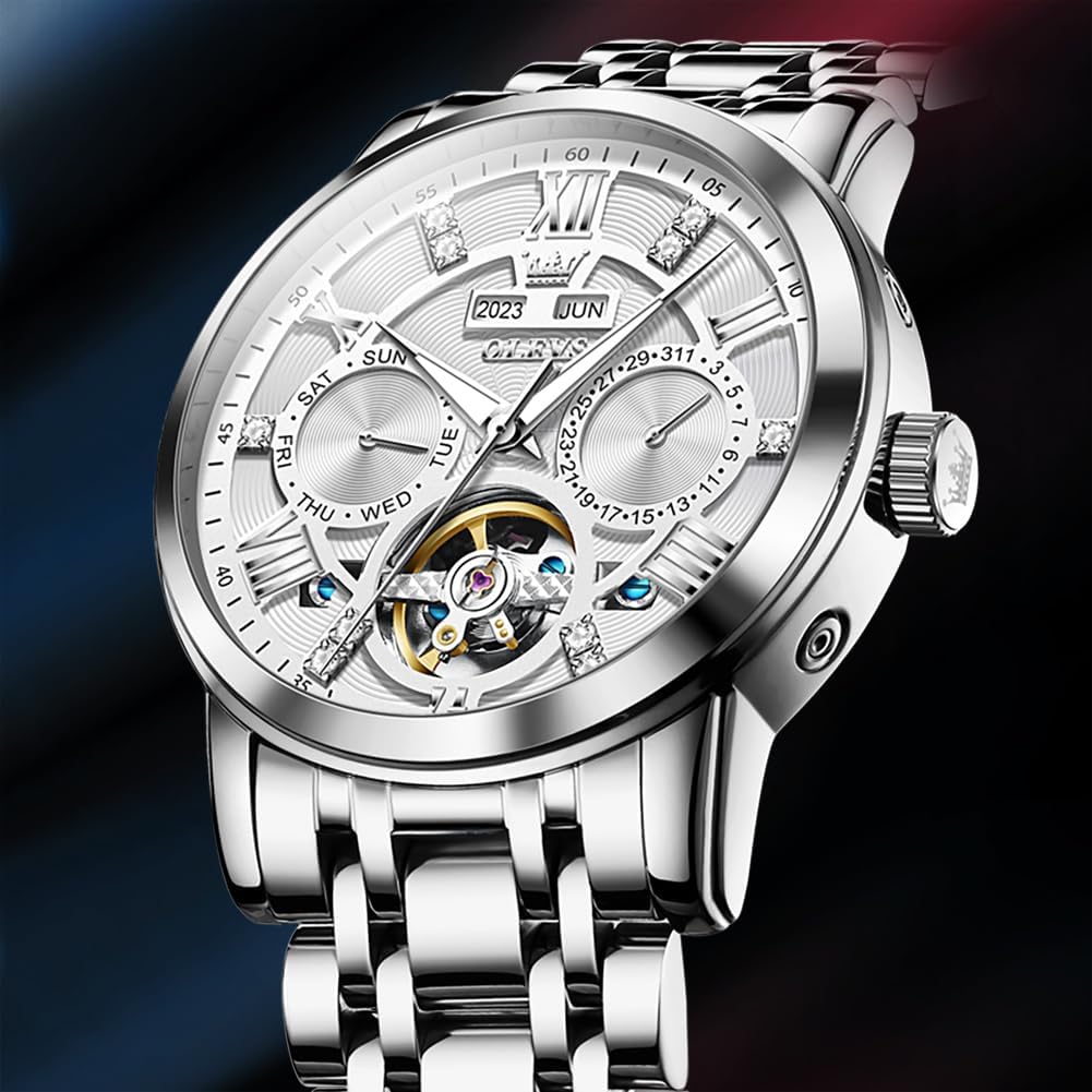 OLEVS Автоматические Вечные Металлические Часы для Мужских Часов, Механические и с Ручным Заводом, Календарь, Скелетон, Браслет, Ретро, Стильные, Мужские Часы,