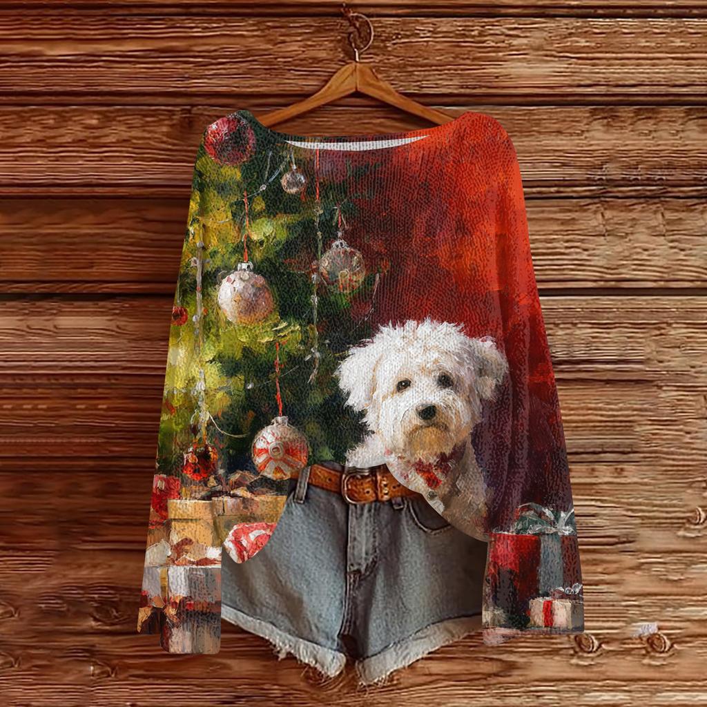 Женский повседневный модный топ с круглым вырезом, рождественским принтом, длинным рукавом, вязаный пуловер