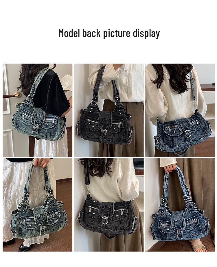 Women's Vintage Washed Denim Multi-Pocket Crossbody Tote & Shoulder Bag