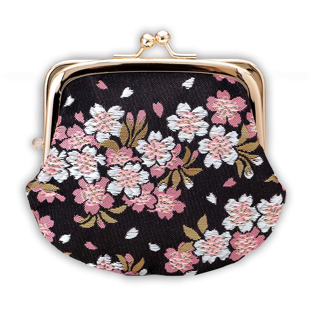 Kyoto Geibido Clasp Handcrafted by Japanese Made In Japan with Cherry Nishijin-ori 3.3-inch Wallet, Artisans, Pattern, (Black Blossoms)