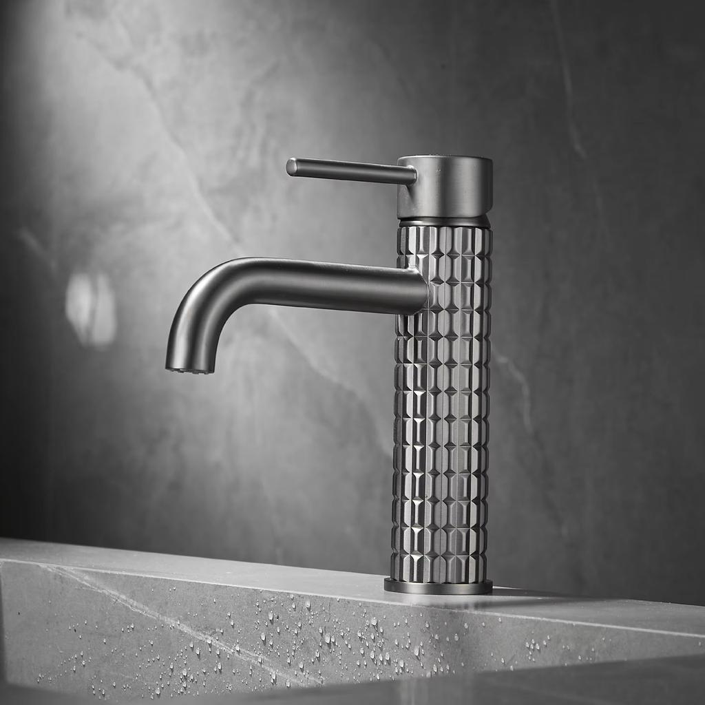 Tuqiu Brush Gold Bathroom Basin Faucets Art Carved Sink Mixer Tap Hot & Cold Deck Mounted Grey Lavatory Crane Water Tap