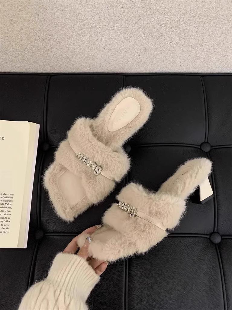 Mao Mao Slippers Women's Autumn and Winter Wear 2025 New French Temperament Rhinestone Mao Mao Shoes Thick Heel High Heels