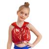 Sleeveless Backless Hooded Crop Top for Girls: Front Zipper Sparkling Sequins Dancewear for Hip-Hop Jazz Performance