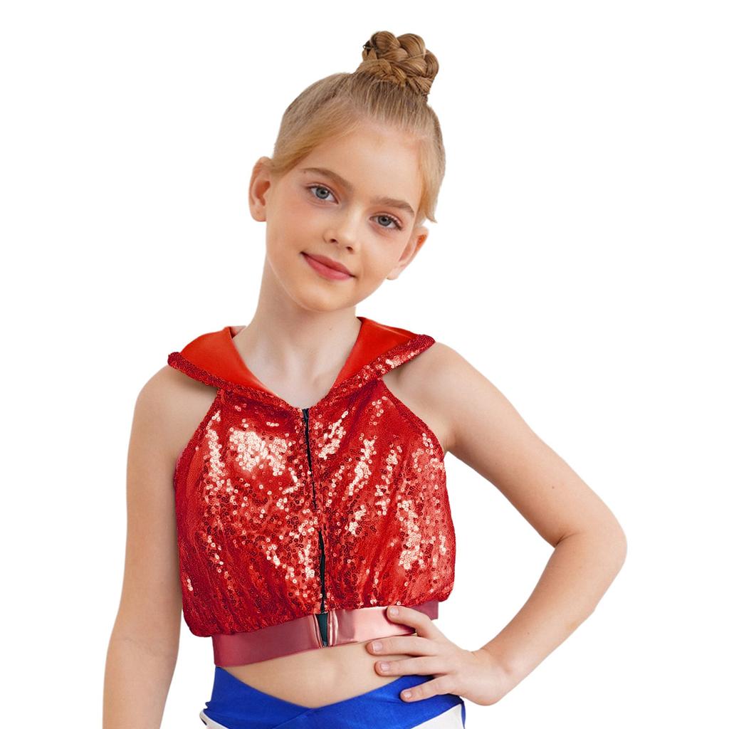 Sleeveless Backless Hooded Crop Top for Girls: Front Zipper Sparkling Sequins Dancewear for Hip-Hop Jazz Performance