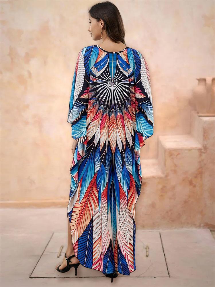 EDOLYNSA Лето 2024 года, пляжное платье макси в стиле бохо с принтом, свободный V-образный вырез, рукав «летучая мышь», кафтан с боковым разрезом, женская пляжная одежда, купальник, накидки Q1588