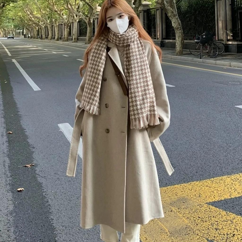 Осень/зима новое женское унисекс средней длины двубортная ветровка шерстяное пальто пальто