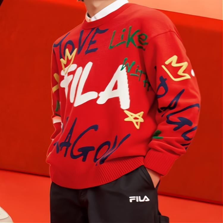 Fila Da Da Dragon Series Новогодний парный вязаный свитер с цветными блоками и забавным рукописным узором, унисекс, легендарно-красный F11U419402F-RD