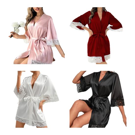 Женские шелковые халаты с кружевной отделкой, кимоно для невесты и подружки невесты, атласный халат с поясом, сексуальный V-образный вырез, рукав 3/4, пижамы