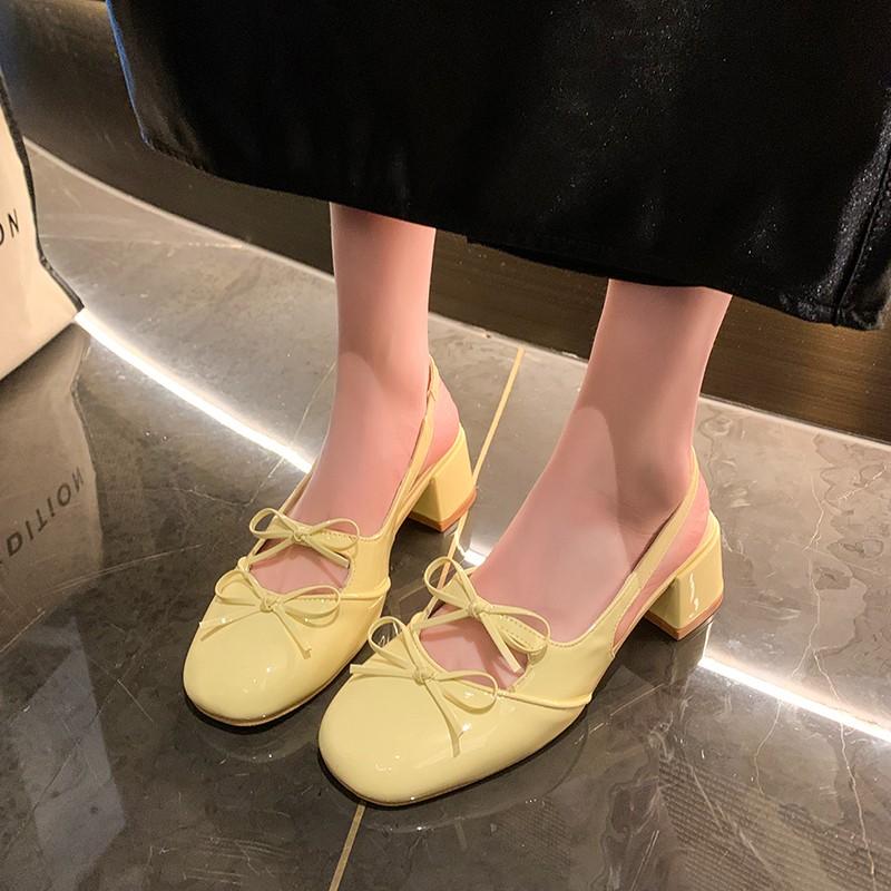 Fashion New Fashion Sandals Mid-heel Square Shoes Children Bun Head Double Bow Chunky Heel Mary Jane Single Shoe Tide
