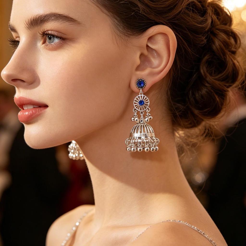 Античные серебряные полые серьги-подвески с кисточкой в европейско-индийском стиле