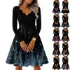 Women's Casual Fashion V-neck Long Sleeved Retro Christmas Print Retro Dress