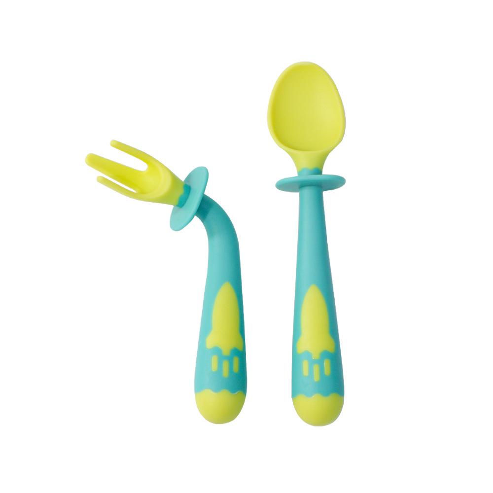 Cartoon Rocket-Shaped Baby Training Spoon & Fork Set