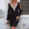 Autumn and Winter Elegant Women's Dress Solid Color Lace Lace V-neck Hollow Long-sleeved Dress