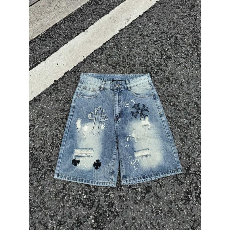 Vintage Washed Denim Shorts With Metal Accents Unisex Straight Fit Punk Style Cotton Blend