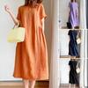 Women's Loose Cotton Dress Summer Casual Plus Size Midi Dress Crew Neck Short Sleeve Pleated Swing Dress with Pockets