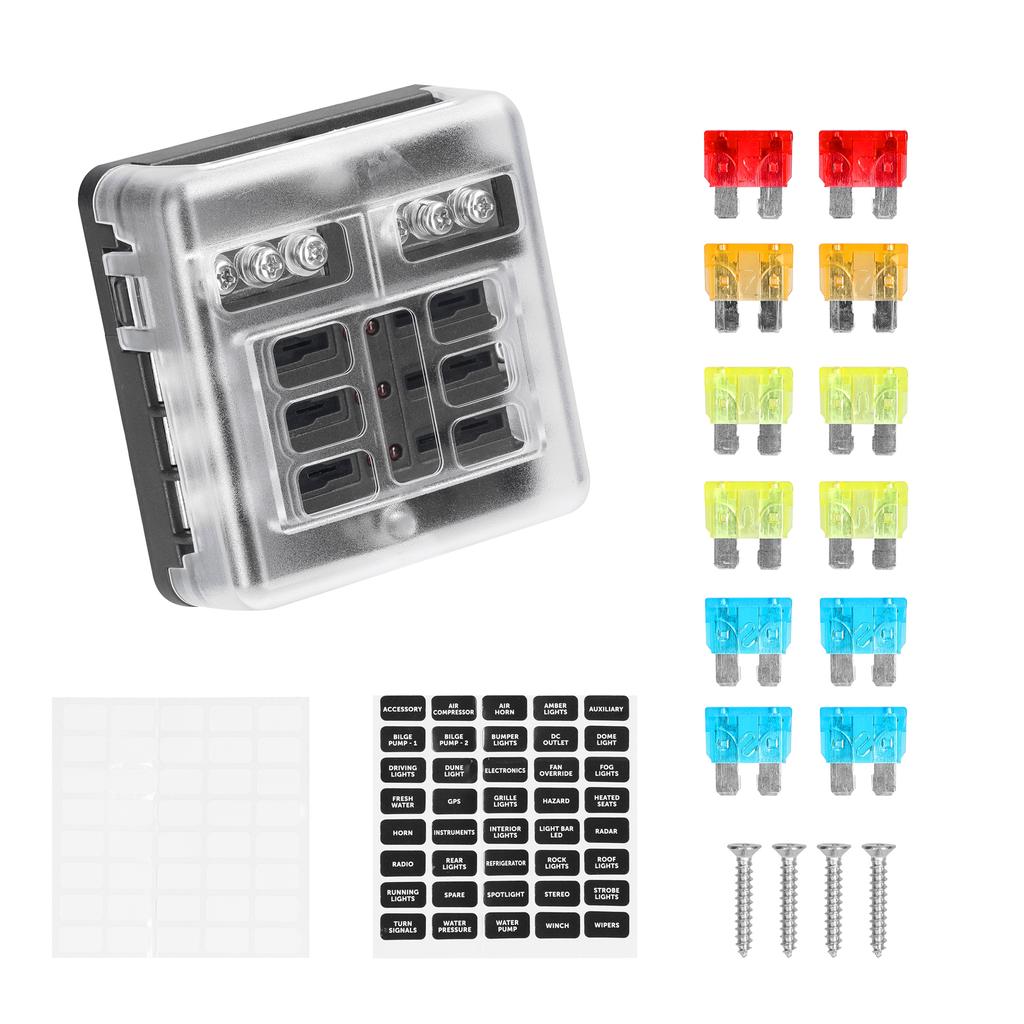 Блок предохранителей с положительным и отрицательным анодом, прозрачная крышка, держатель предохранителей со светодиодным индикатором