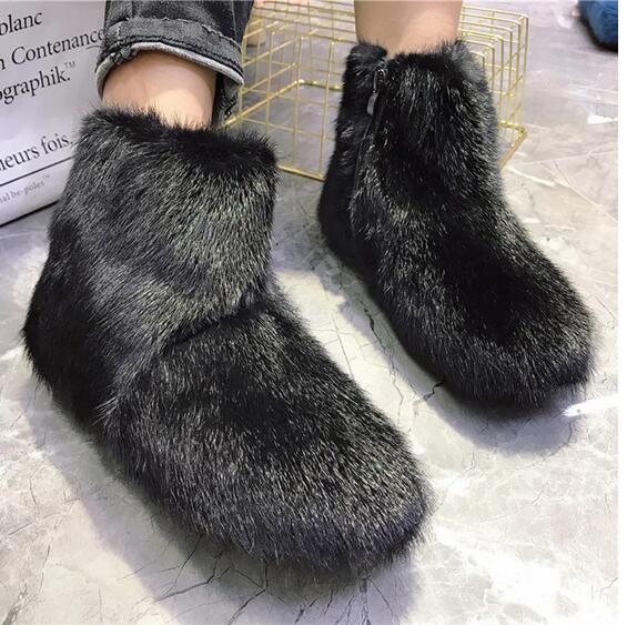 Fashion Women Mink Fur Flat Casual Shoes Ankle Winter Warm Snow Boots Crystal Decor Outside Footwear Short Boots Black