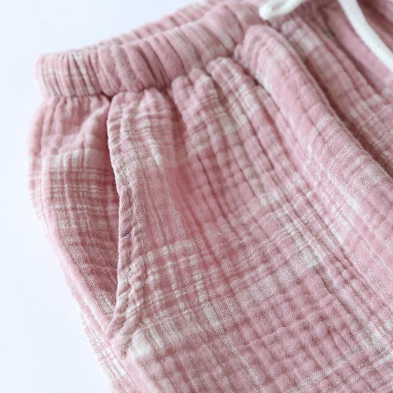 2025 Summer Couple 100% Cotton Crepe Cloth Shorts Multicolor Large Size Loose Plaid Home Pants Cropped Pants Ladies Bottoms