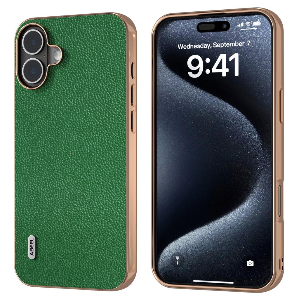 ABEEL For iPhone 16 Plus Case Genuine Cow Leather+PC+TPU Electroplating Phone Cover