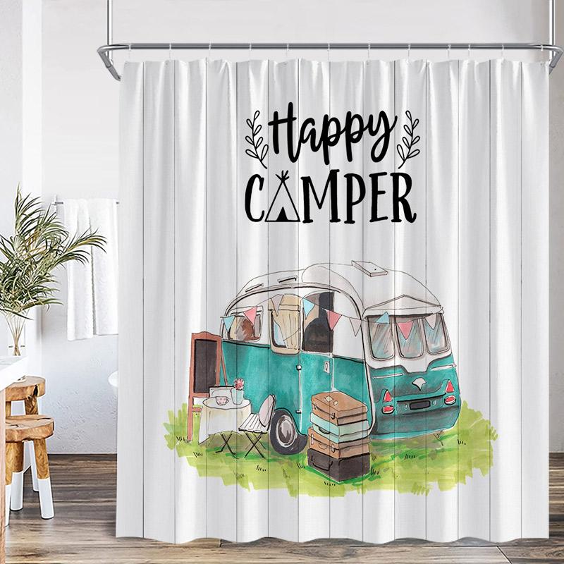 Винтажные Шторки для Душа в Кемпинге Абстрактный Горный Кемпер Лесной Пейзаж Полиэстер Декор для Домашней Ванной Комнаты с Крючками