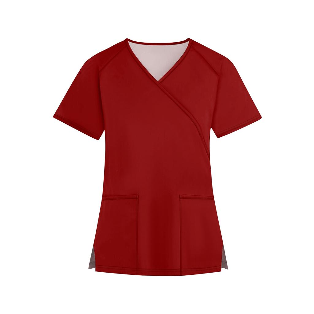 Женская мода однотонная рабочая одежда с v-образным вырезом и короткими рукавами с карманами, топы