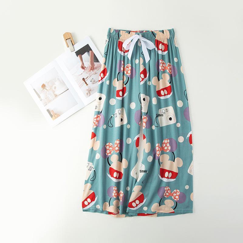 Женские пижамные брюки больших размеров из хлопка и вискозы, с мультяшным цветочным принтом, свободные девятиточечные пляжные брюки, для улицы