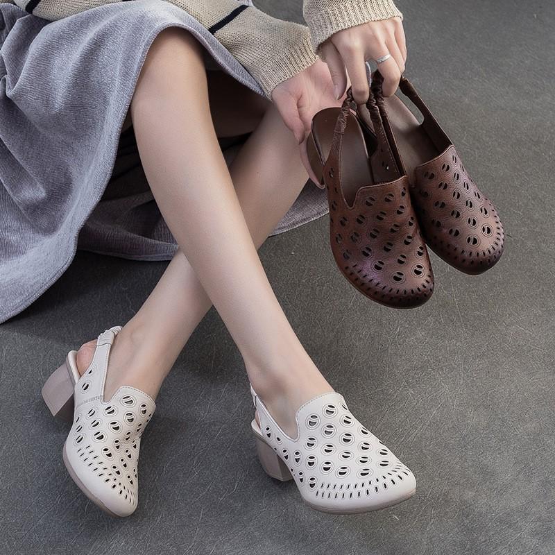 Johnature Round Toe Hollow-out Breathable Thick Heel Sandals Retro Versatile Commuting Women's Shoes