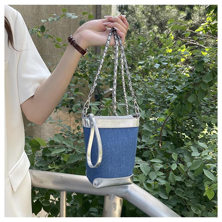 Ielgy Fashion Casual Bucket Bag Trendy All-Match Denim Shoulder Bag High-End Simple Cross-Body Bag