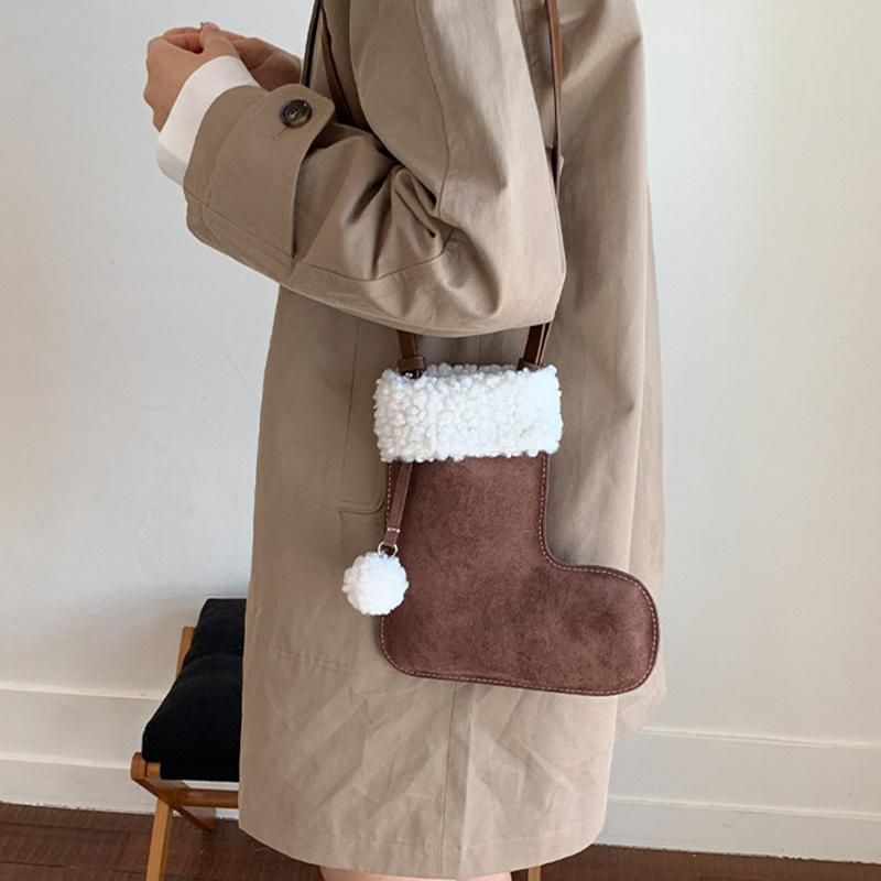 Portable Simple Style Suede Crossbody Bag Fluffy Lightweight Lamb Shoulder Bag Travel Christmas Sock Bag Women CLE