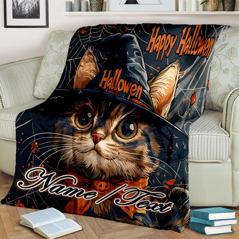 1PC Custom Name Halloween Cat Hat outdooor Flannel blankets Throw Blanket All-Season Throw Gift Bedspread for Couch, Bed, Camping Holiday Birthday gif