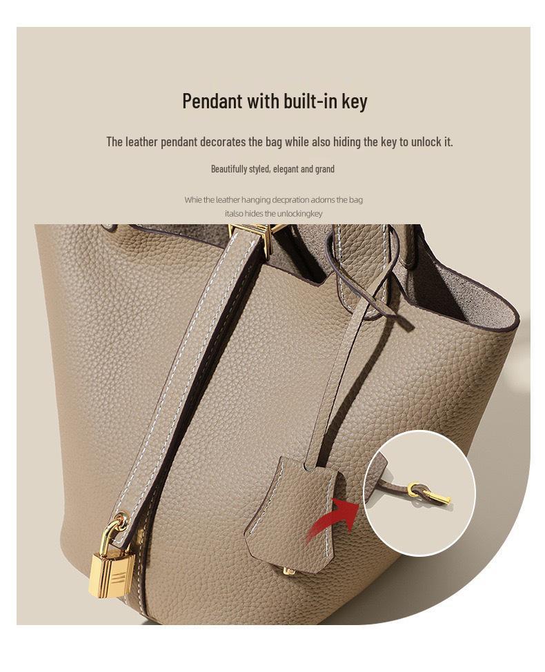 Women's Genuine Leather Bucket Bag - Top Layer Cowhide, Versatile Vegetable Basket Handbag