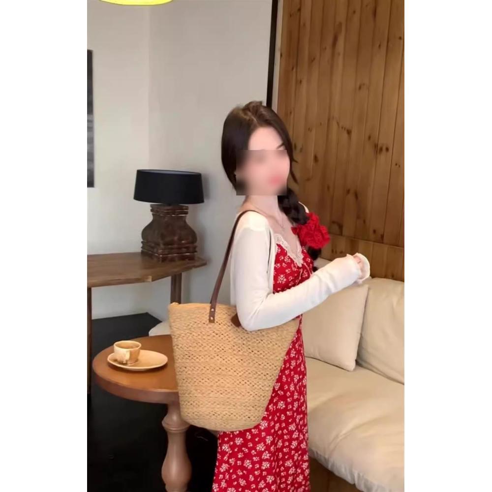 Ретро цветочное платье темпераментное красное платье женское лето пикантная девушка талия отпуск ветер морской берег А-силуэт платье на бретелях