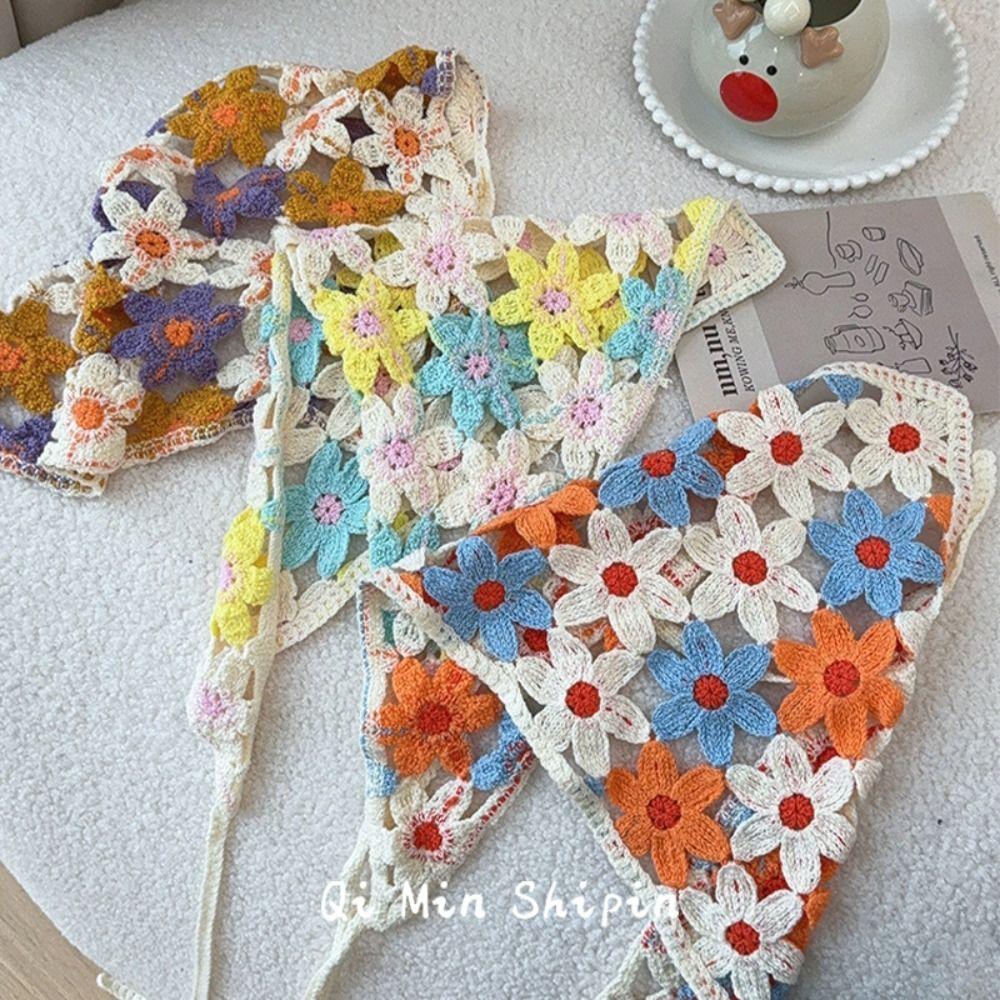 French Retro Knitting Flower Headband Little Daisy Triangular Turban Scarf Women Girls