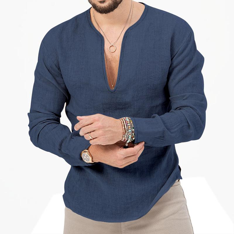 Мужская хлопково-льняная рубашка большого размера на весну и лето, мужские однотонные топы с длинными рукавами и глубоким v-образным вырезом