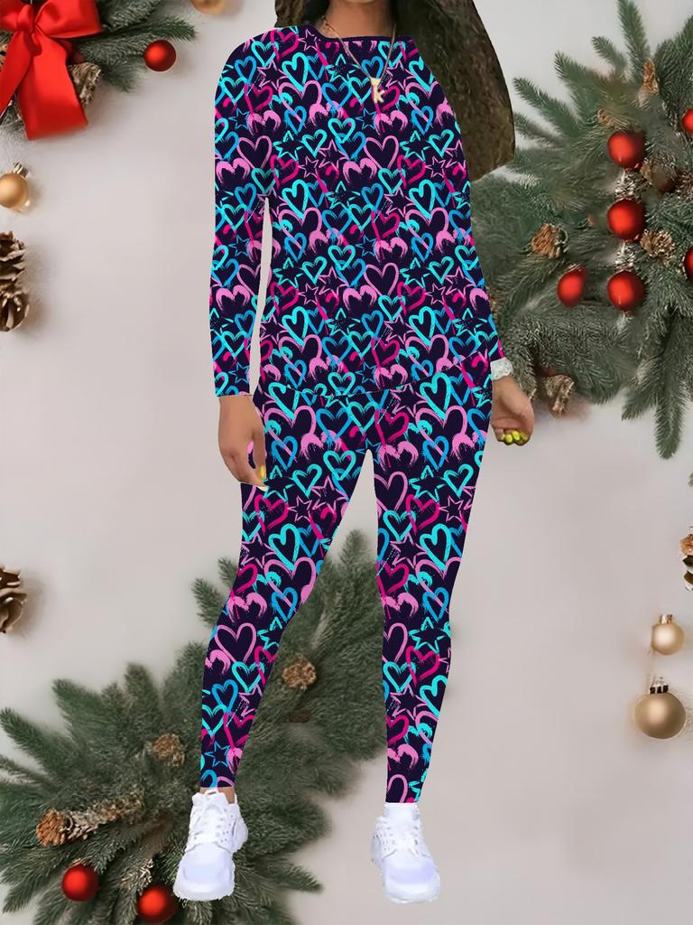 Женский костюм-двойка с принтом "Любовь": Топ с длинным рукавом и круглым вырезом и брюки, праздничный лимитированный повседневный костюм для вечеринки в подарок