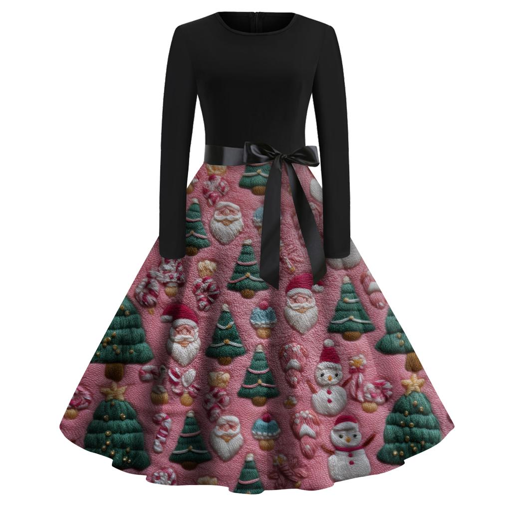 Женское модное повседневное платье приталенного кроя с круглым вырезом, рождественским принтом и длинными рукавами