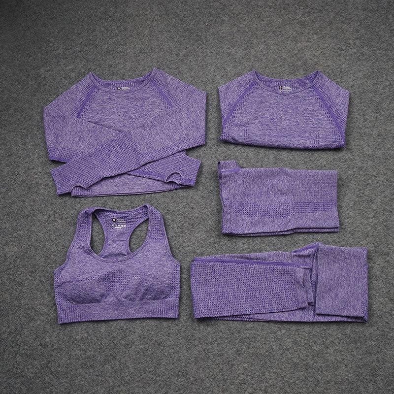 Seamless High Waist Yoga Set Quick Dry Running Scrunch Butt Gym Outfit Women Long Sleeve Sportswear purple 5pcs