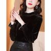 Solid Color Gold Velvet Bottoming Shirt Women's Autumn Winter New Fashion Half High Neck Blouse Temperament Wood Ear Edge Top