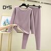 2 Pcs/Set Winter Top Pants Set Thick Plush Round Neck Long Sleeve Elastic Waist Warm Soft Cold Proof Homewear Pajamas Set Thermal Underwear Set