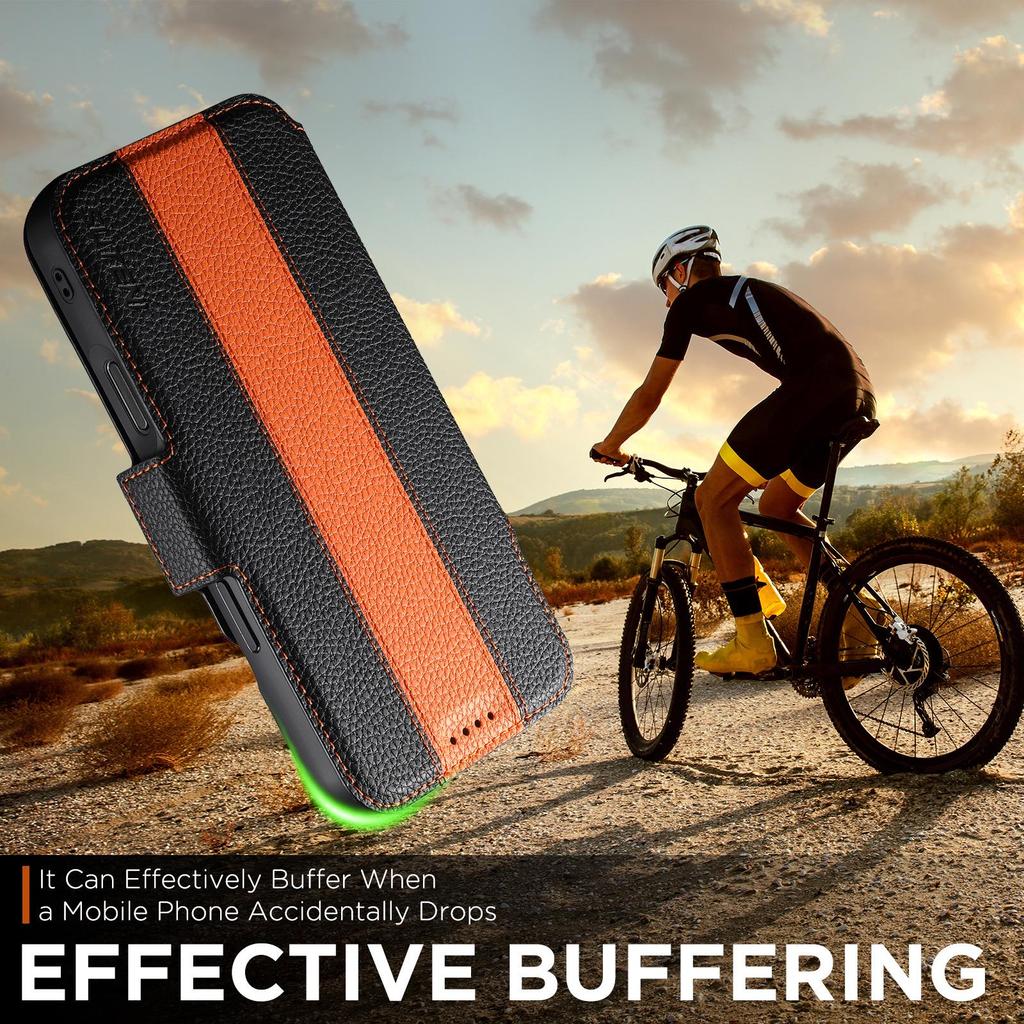 Чехол-книжка для iPhone 17: Слот для карт, Магнитная застежка, Подставка для беспроводной зарядки, Кошелек с цветными блоками, Кожа