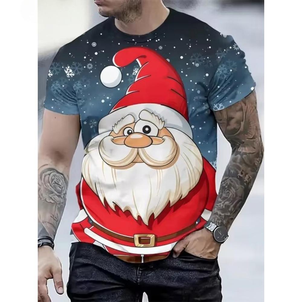 Santa Claus Pattern 3D Digital Print Men's Casual and Fashionable Round Neck Short Sleeved T-shirt