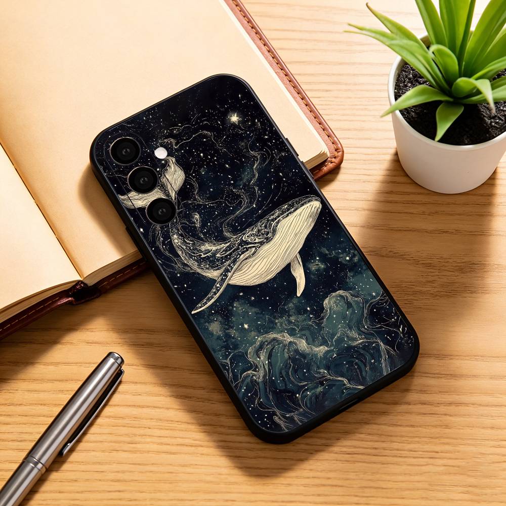 Line W-Whale Phone Case For Samsung Galaxy A73,A72,A71,A70,A53,A52,A51,Soft Silicone Black Cover