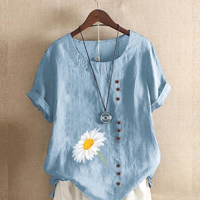 Women's New Fashion Linen Shirt Round Neck Short Sleeve Flower Printed T-shirt Summer Ladies Casual Plus Size Blouse Tops